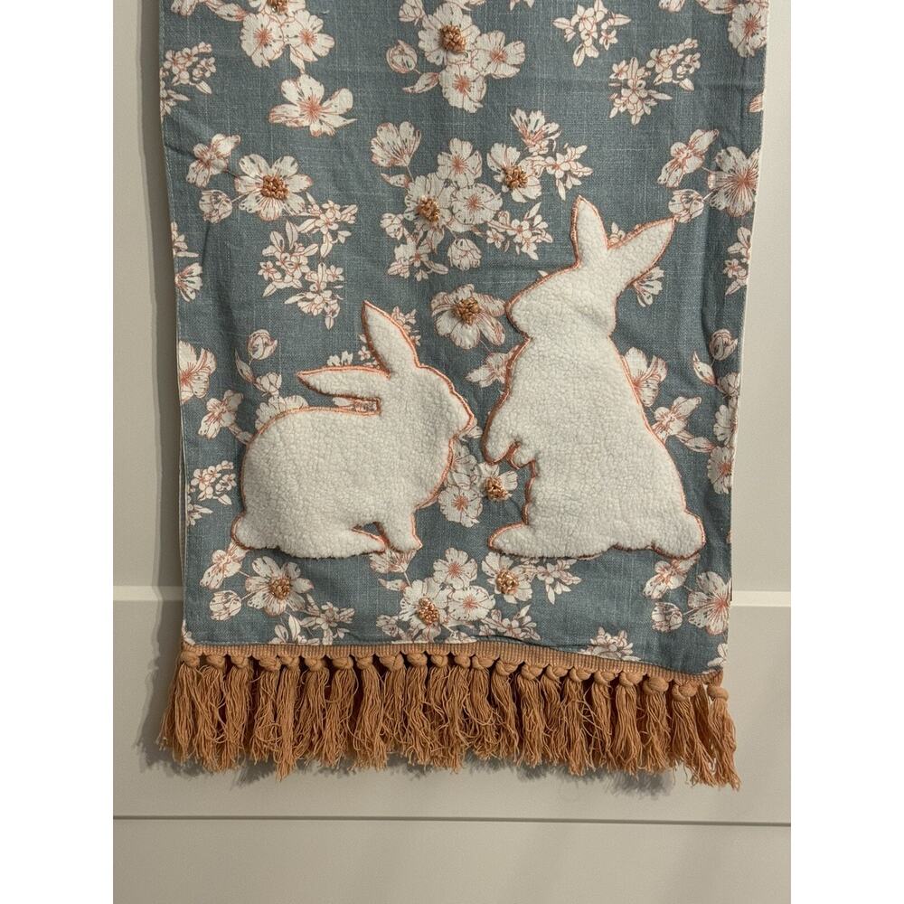 Tahari Home Table Runner Spring Bunny Teal Flowers Fringe 16”x72” NWT
